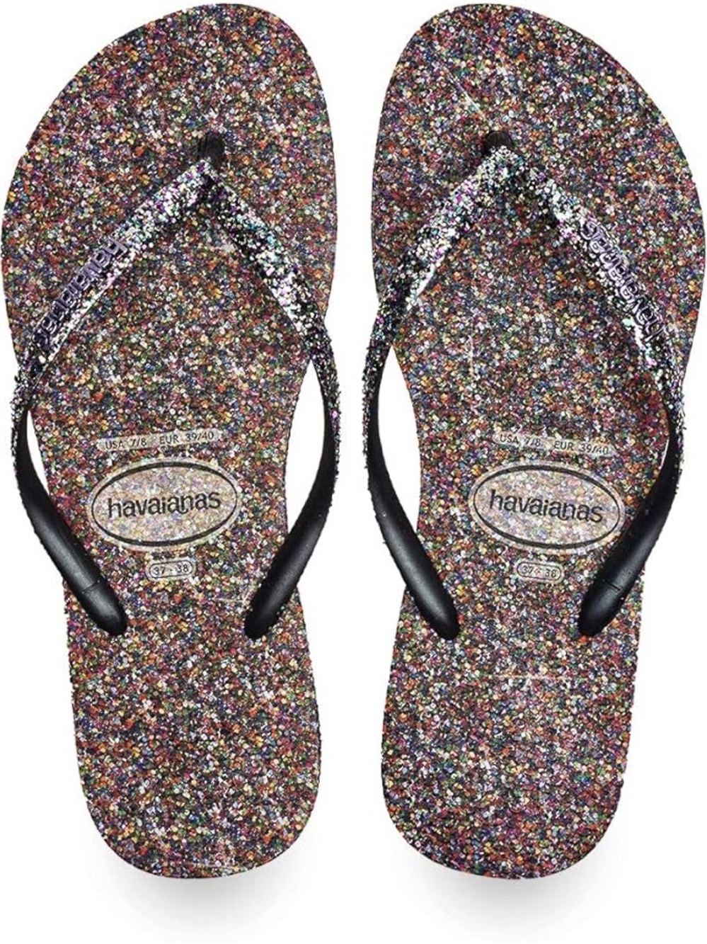 Havaianas Glitter Multi‑Color Slim Flip Flops with Black Straps